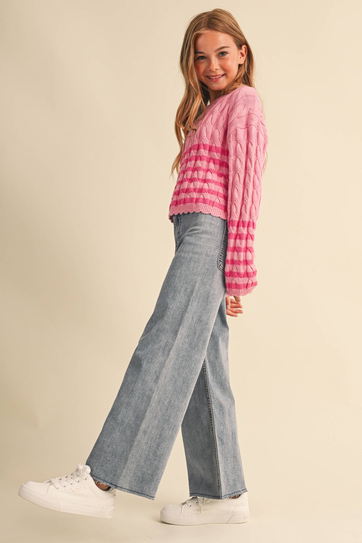 TWEEN GIRLS KIDS CABLE KNIT BOXY CROPPED PULLOVER (7/14): Pink / 11/12