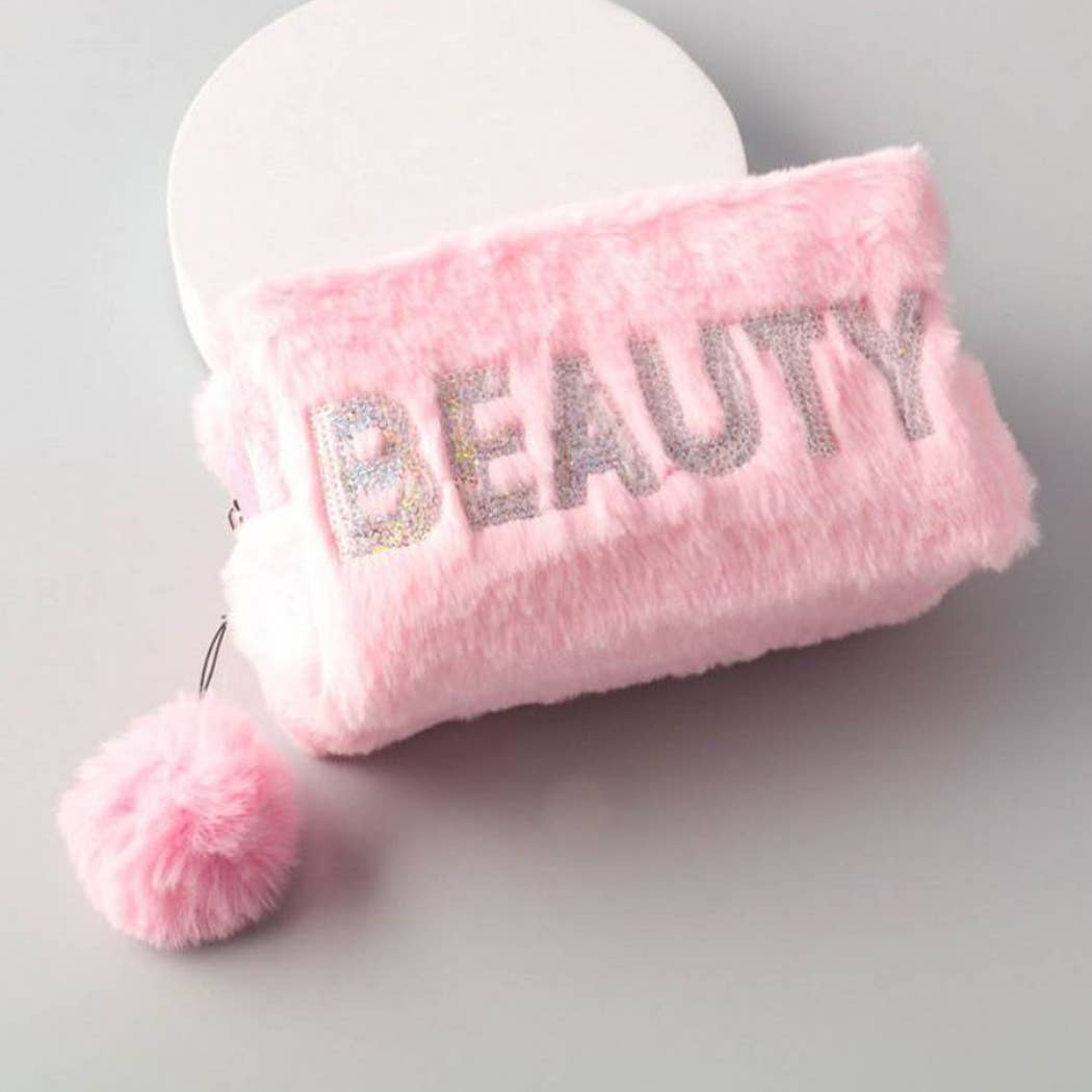 BEAUTY SEQUINS FURRY COSMETIC BAG