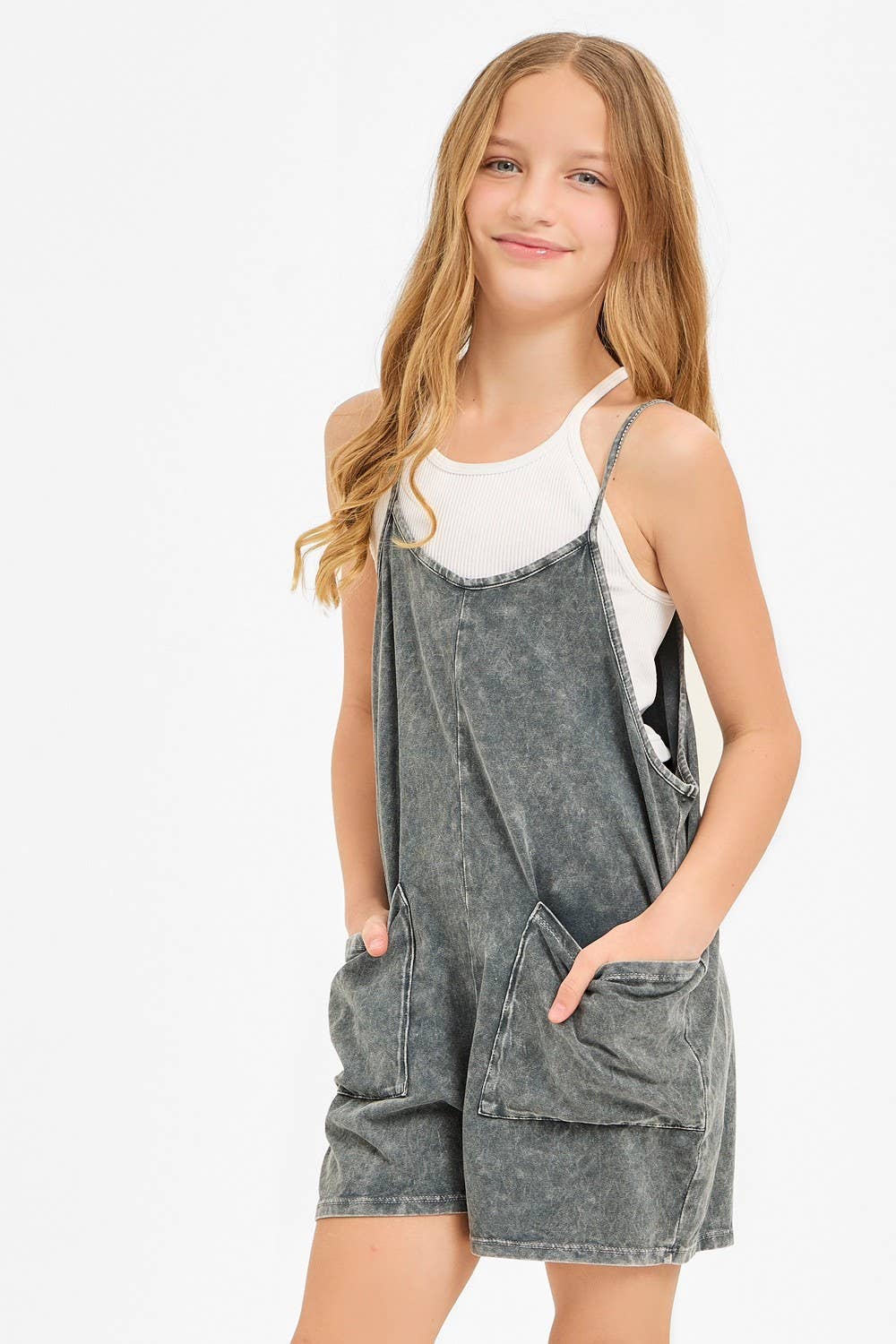 Two Pocket Mineral Wash Overall Romper / Onesie: Denim Blue / XL