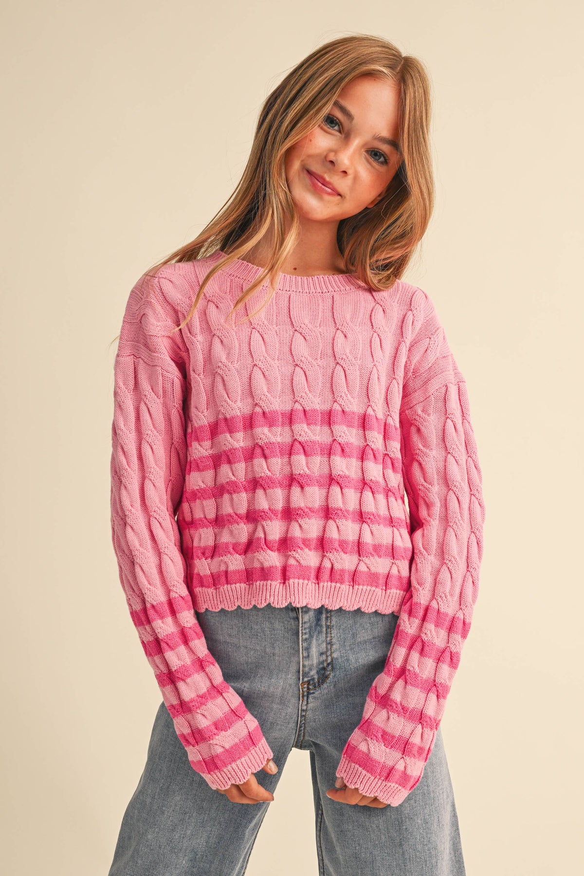 TWEEN GIRLS KIDS CABLE KNIT BOXY CROPPED PULLOVER (7/14): Pink / 13/14