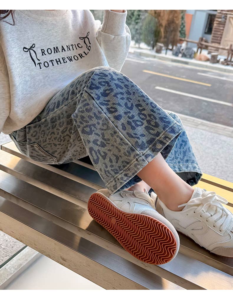 BLUE LEOPARD PRINT WIDE LEG JEANS