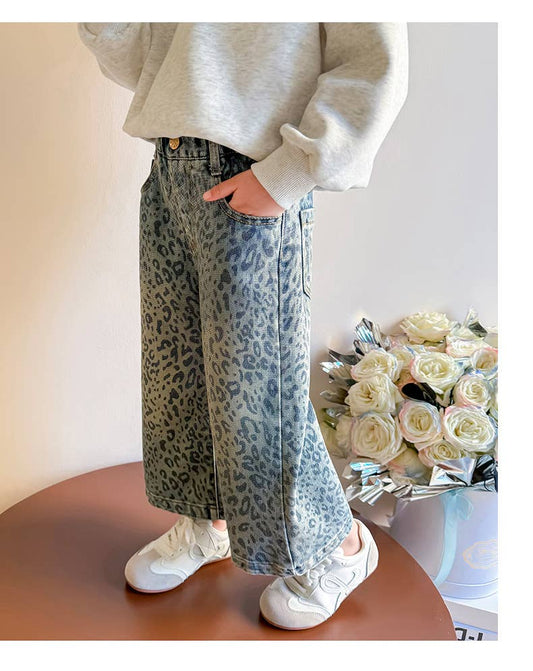 BLUE LEOPARD PRINT WIDE LEG JEANS