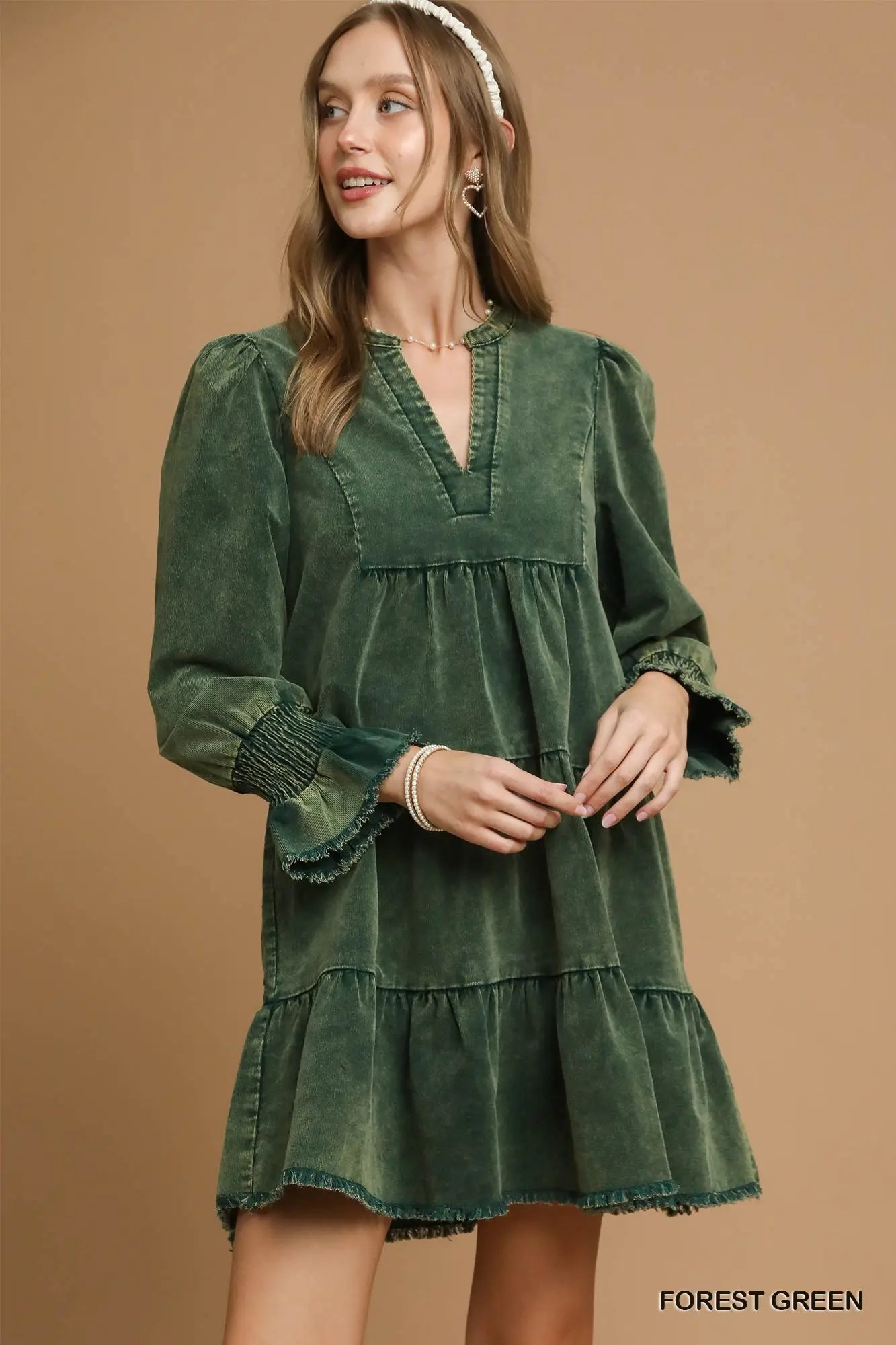 DENIM & CORDS DRESS- FOREST GREEN