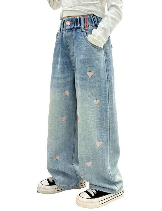 HEART EMBROIDERY WIDE LEG JEANS