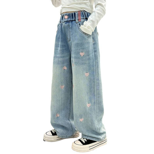 HEART EMBROIDERY WIDE LEG JEANS