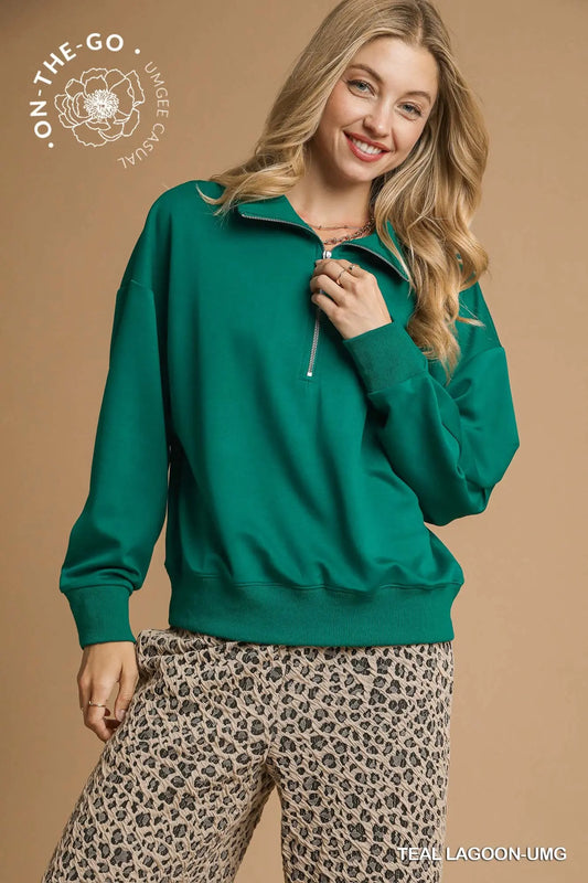 PENNY LUXEKNIT HALF ZIP TOP - TEAL LAGOON