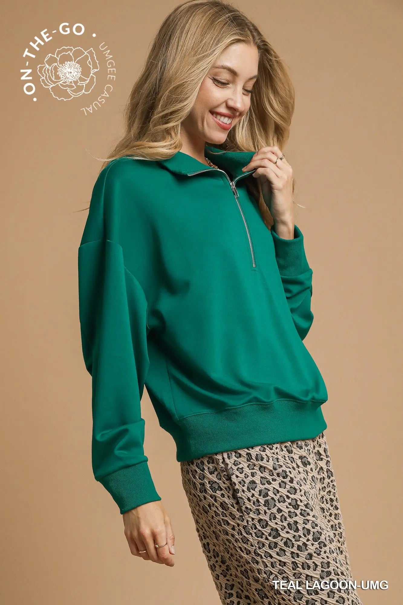 PENNY LUXEKNIT HALF ZIP TOP - TEAL LAGOON