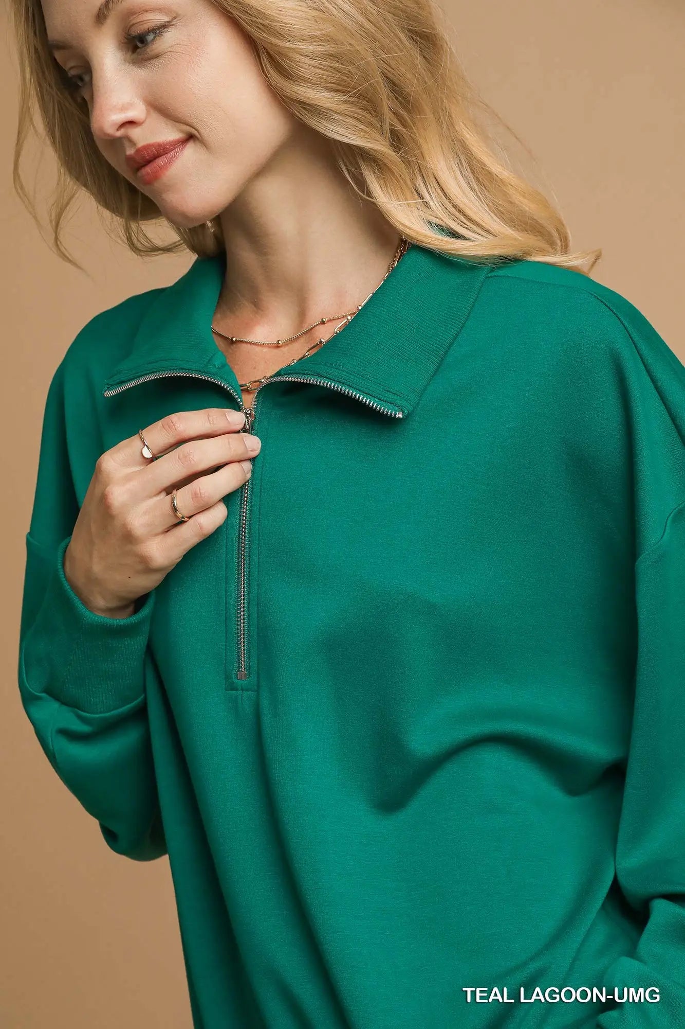 PENNY LUXEKNIT HALF ZIP TOP - TEAL LAGOON