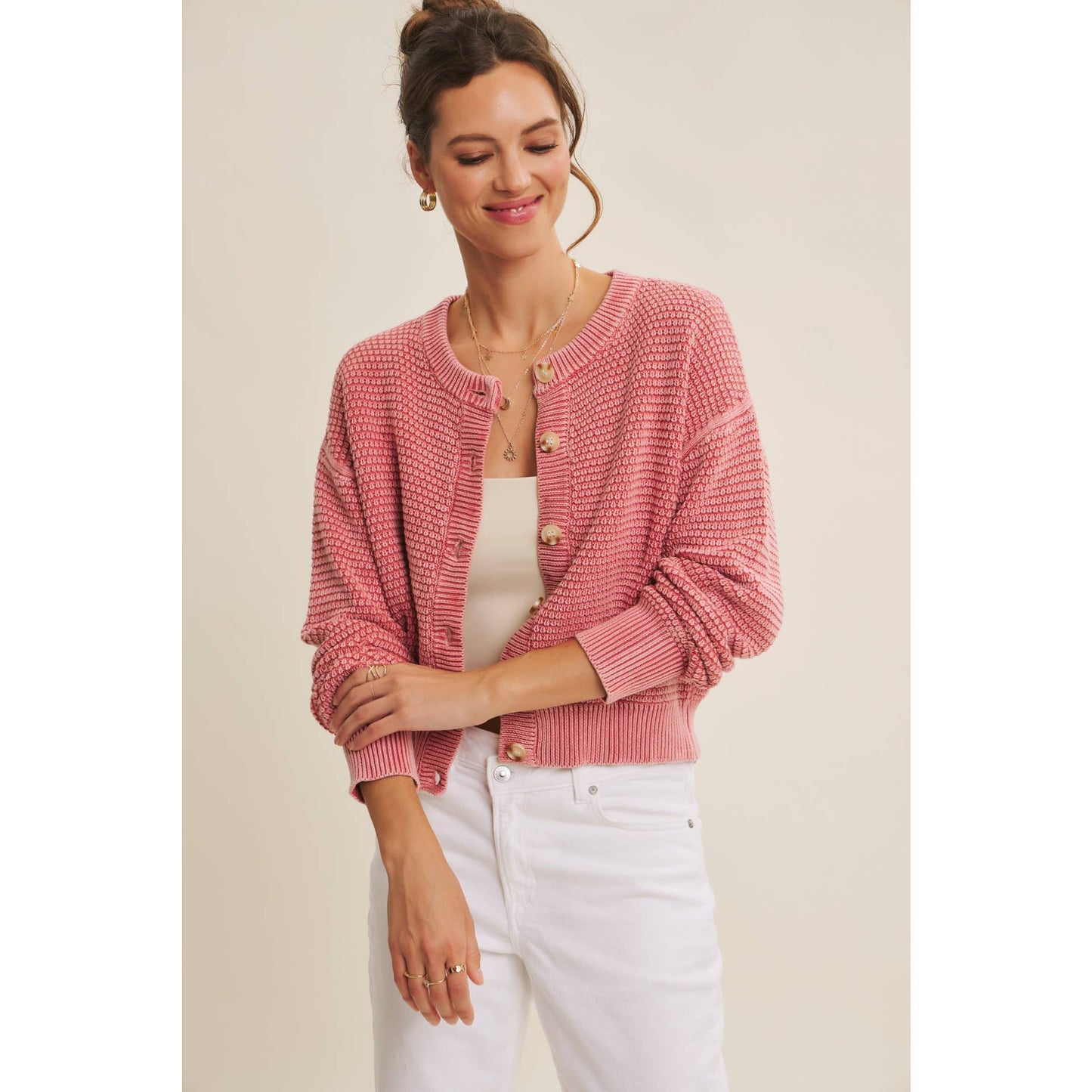 PERFECT FOR ANY SEASON MINERAL-WASHED CABLE KNIT CARDIGAN: PALE MAUVE / S