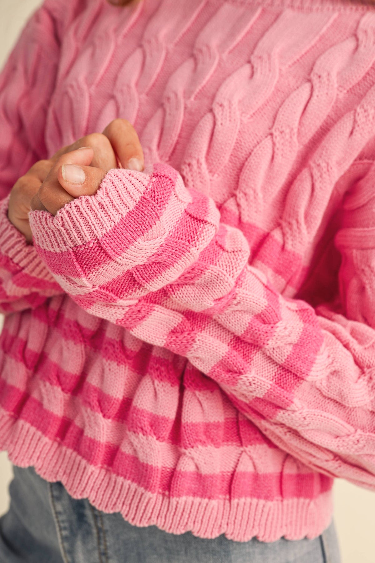 TWEEN GIRLS KIDS CABLE KNIT BOXY CROPPED PULLOVER (7/14): Pink / 11/12