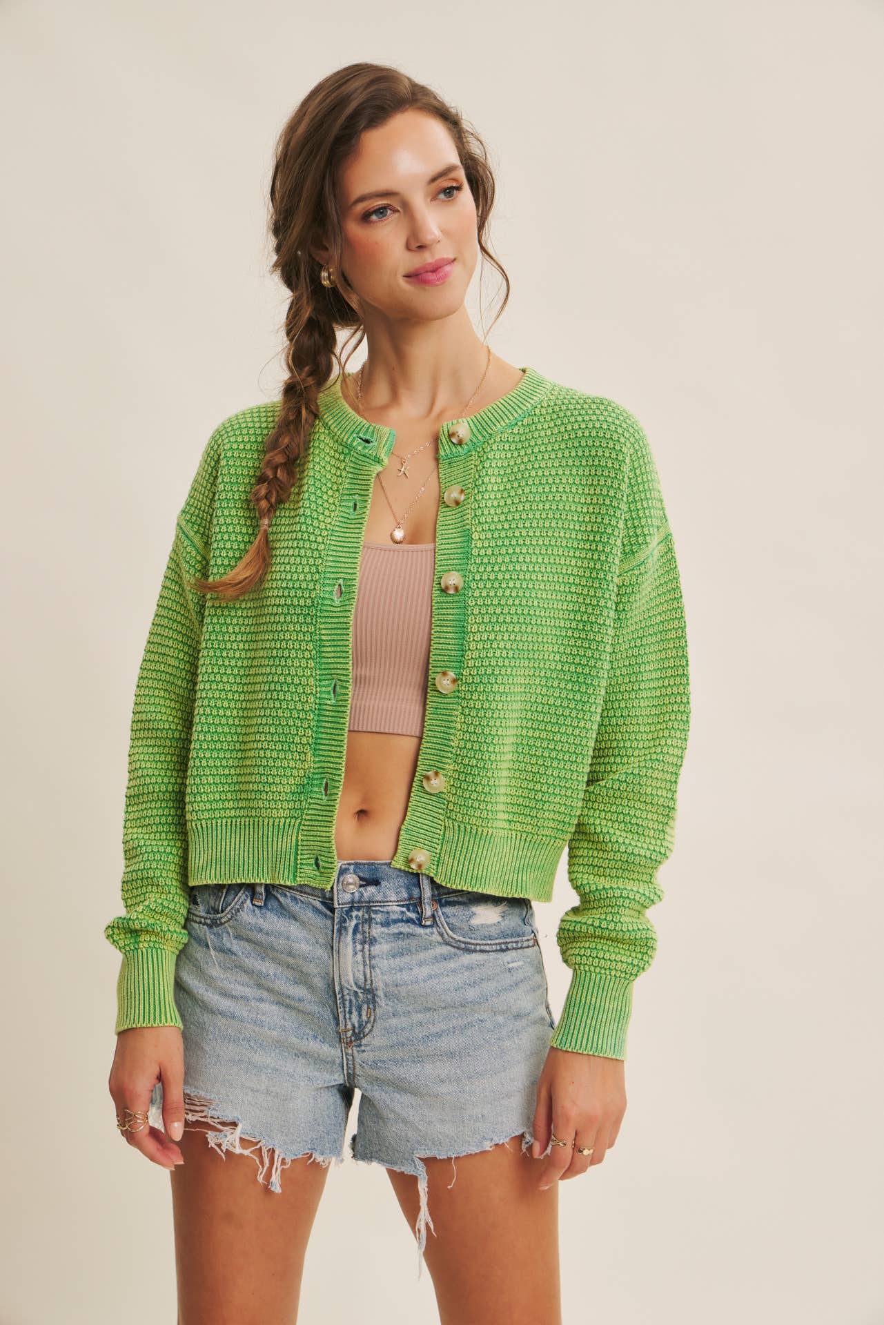 PERFECT FOR ANY SEASON MINERAL-WASHED CABLE KNIT CARDIGAN: PALE MAUVE / S
