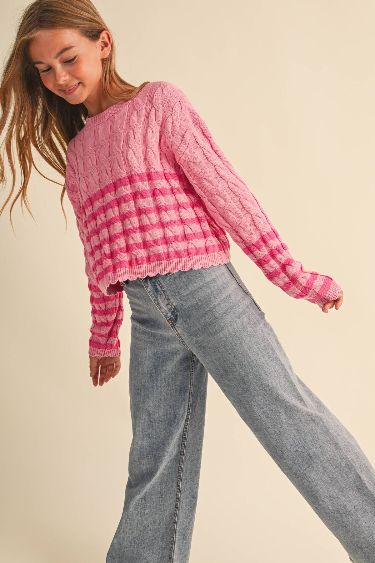 TWEEN GIRLS KIDS CABLE KNIT BOXY CROPPED PULLOVER (7/14): Pink / 9/10