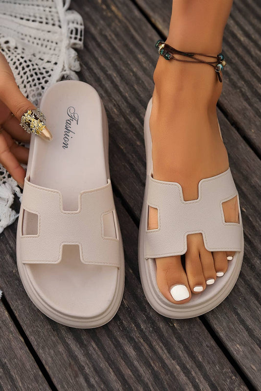 CUTOUT DESIGN OPEN TOE PLATFORM SANDALS - BEIGE