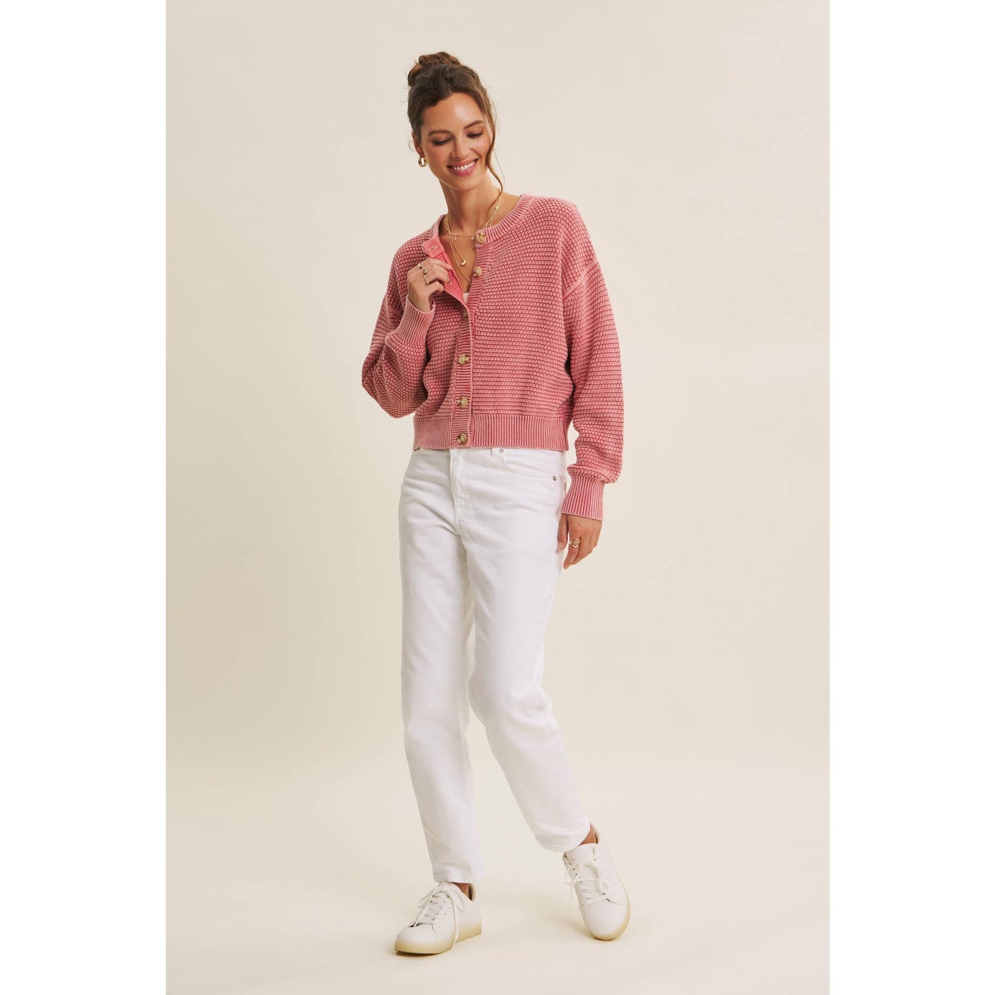 PERFECT FOR ANY SEASON MINERAL-WASHED CABLE KNIT CARDIGAN: PALE MAUVE / S