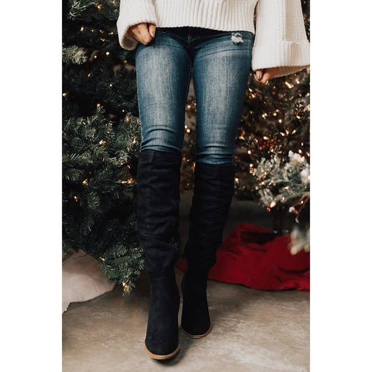 SUEDE CHUNKY HEEL KNIGHT BOOTS - BLACK