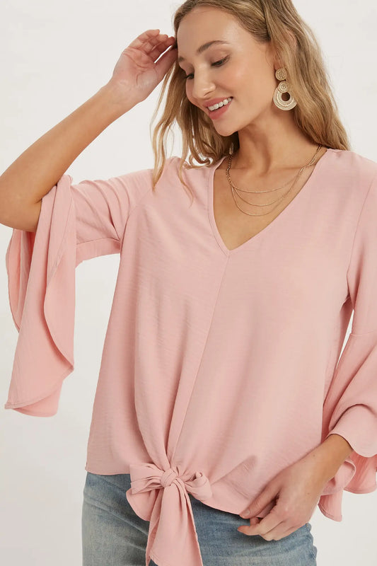 FRONT-TIE BLOUSE WITH BELL SLEEVES - BLUSH