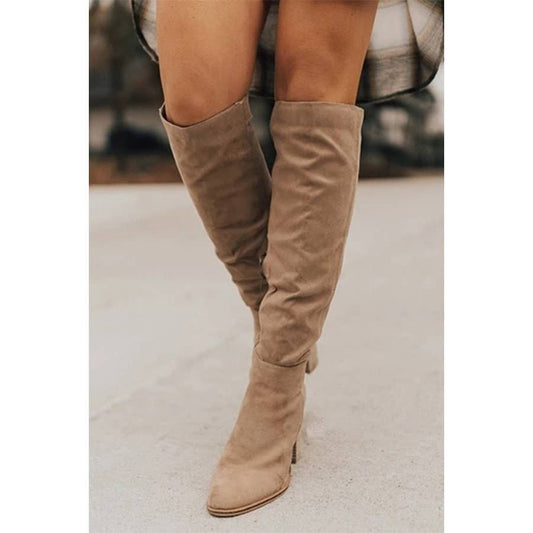SUEDE CHUNKY HEEL KNIGHT BOOTS - KHAKI