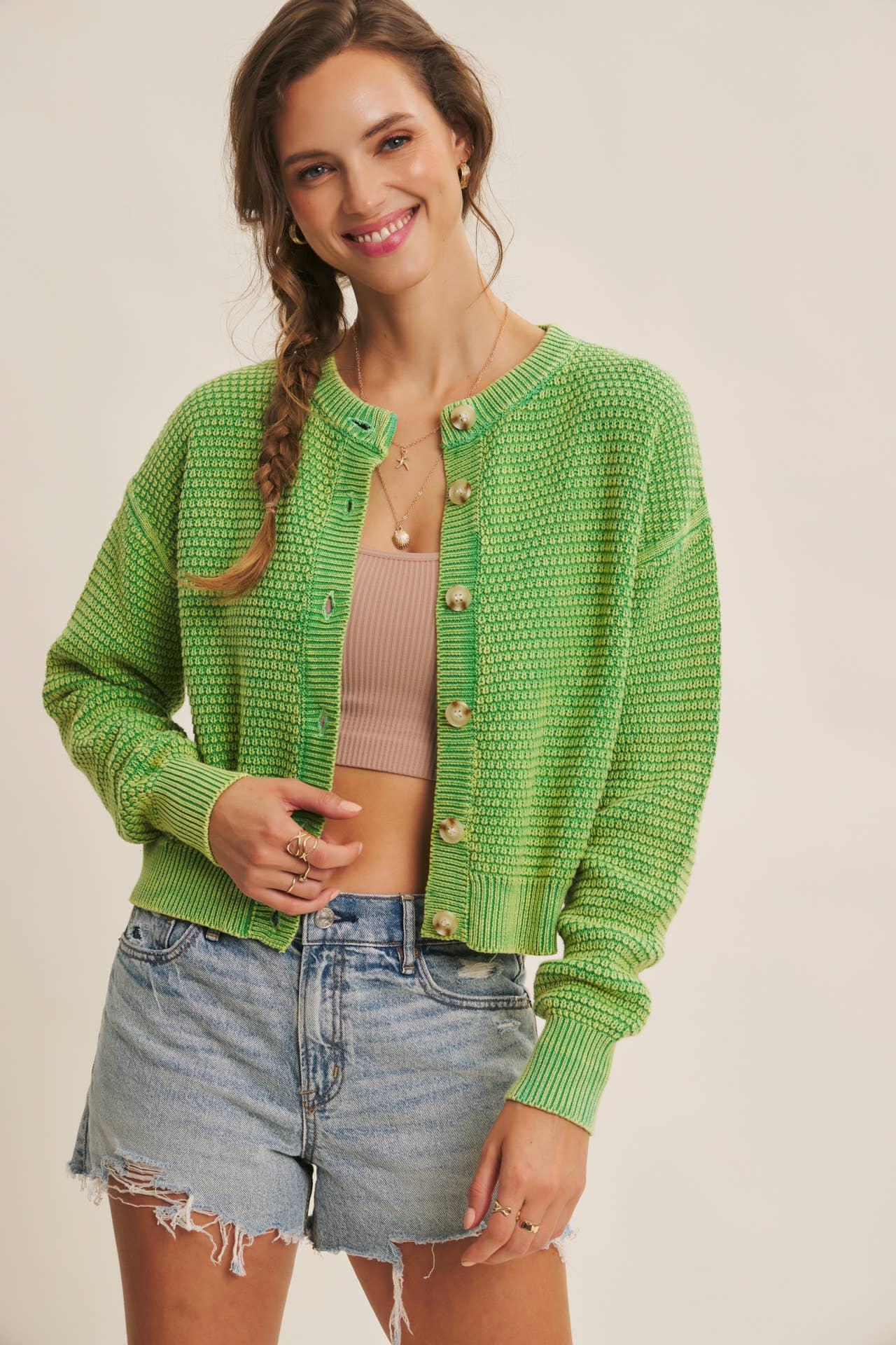 PERFECT FOR ANY SEASON MINERAL-WASHED CABLE KNIT CARDIGAN: PALE MAUVE / S