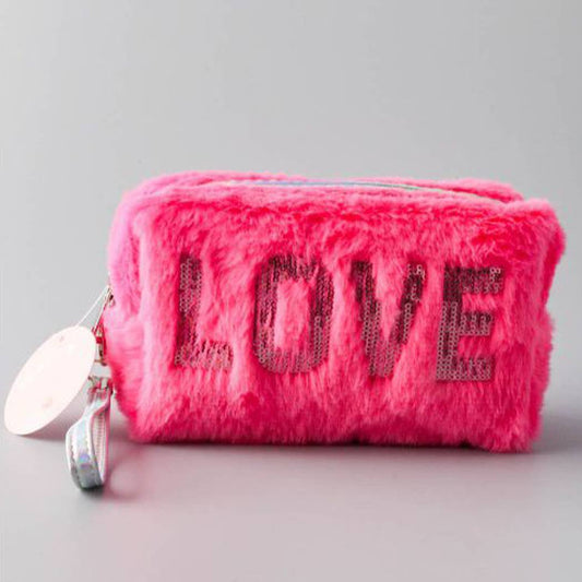LOVE SEQUINS LETTER FURRY COSMETIC BAG