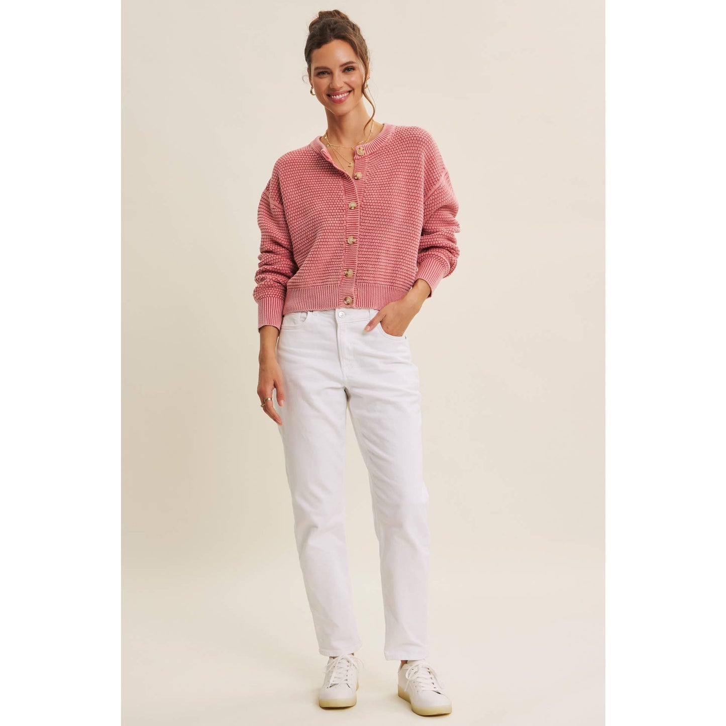 PERFECT FOR ANY SEASON MINERAL-WASHED CABLE KNIT CARDIGAN: PALE MAUVE / S