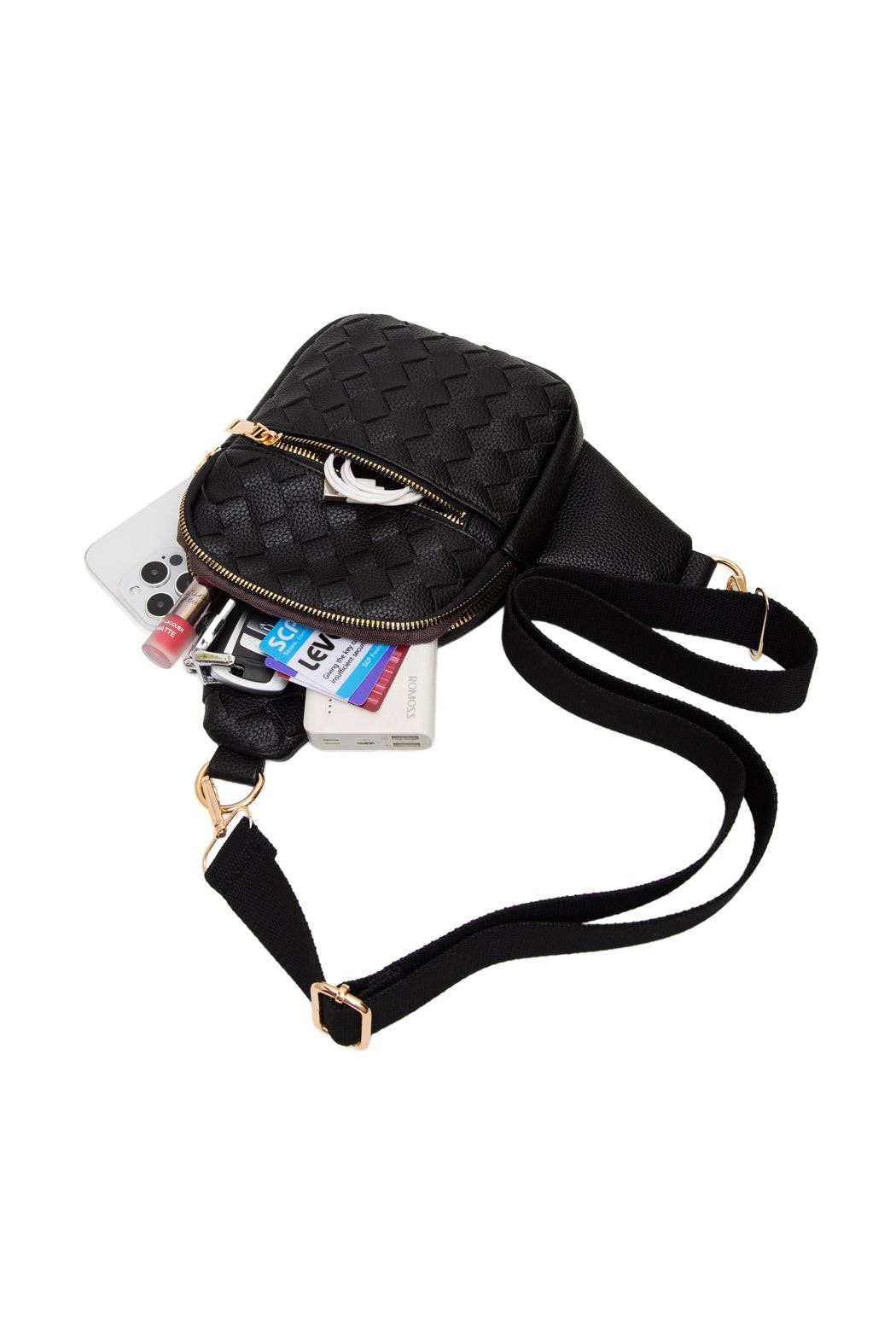 Woven Vegan Leather Sling Bag: Gold