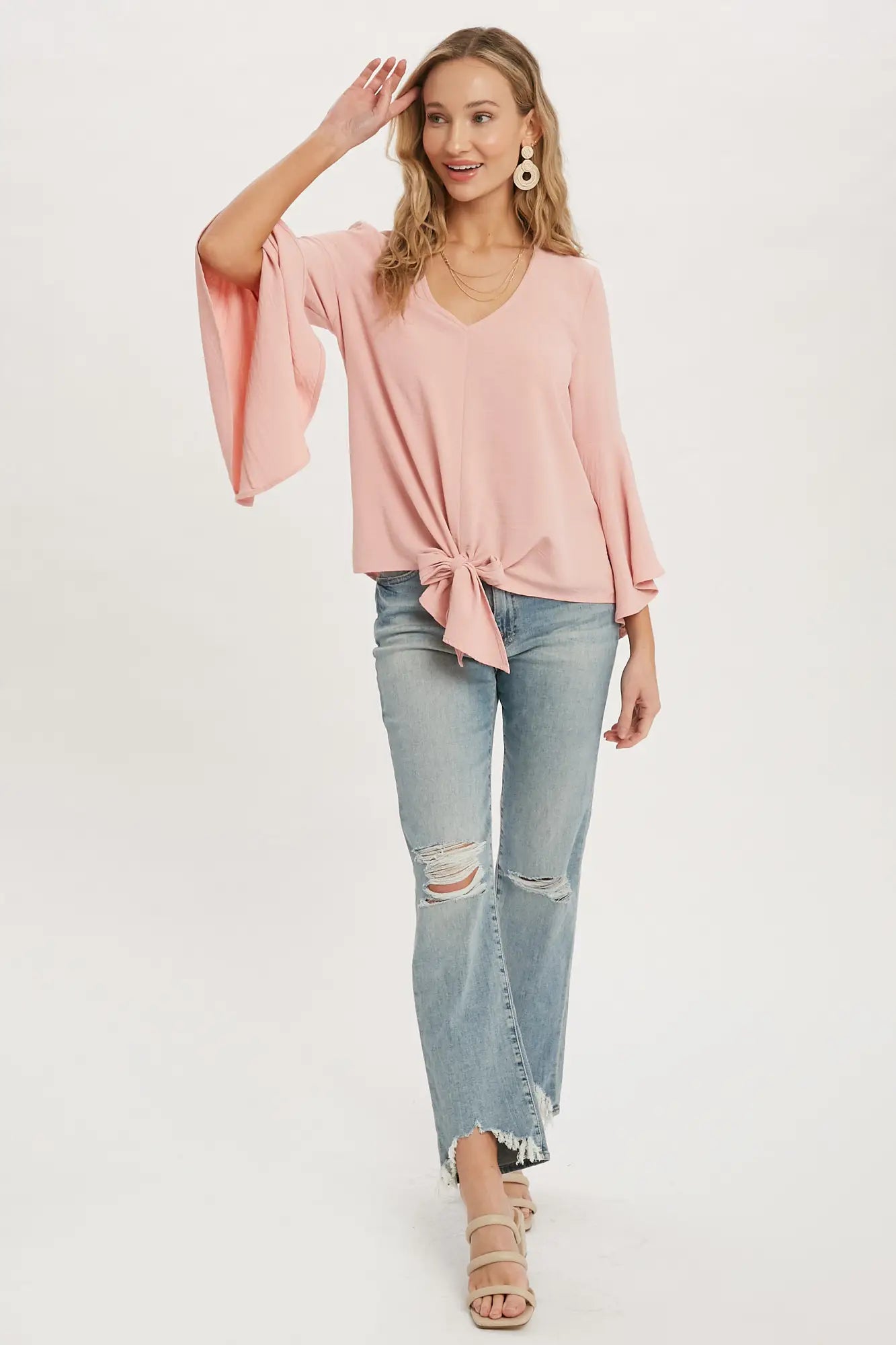 FRONT-TIE BLOUSE WITH BELL SLEEVES - BLUSH