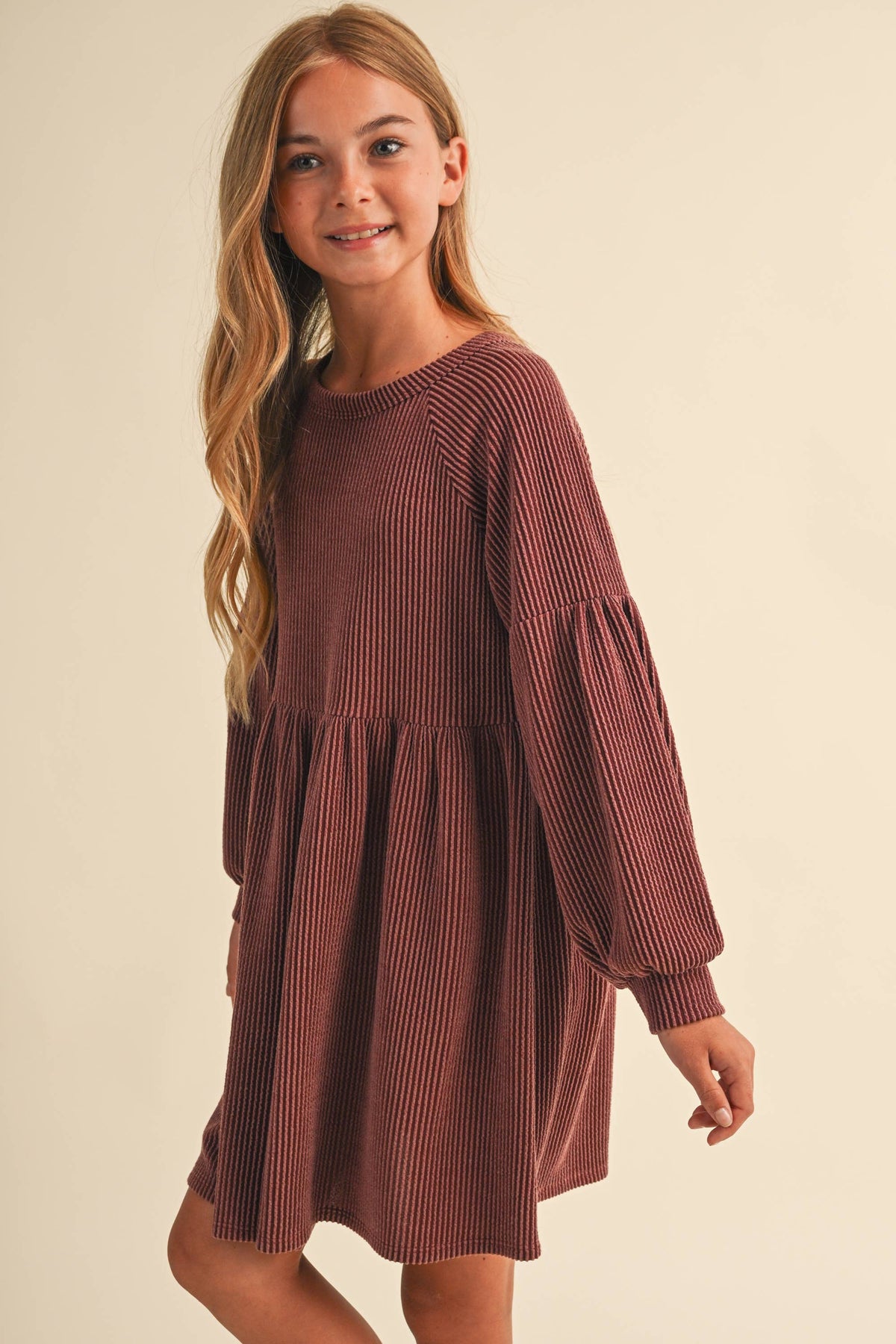 TWEEN KIDS GIRLS BABYDOLL KNIT DRESS (7-14): RAISIN / 9/10