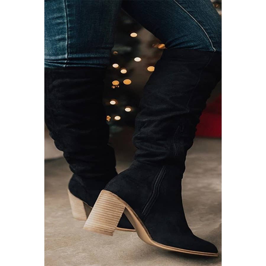 SUEDE CHUNKY HEEL KNIGHT BOOTS - BLACK