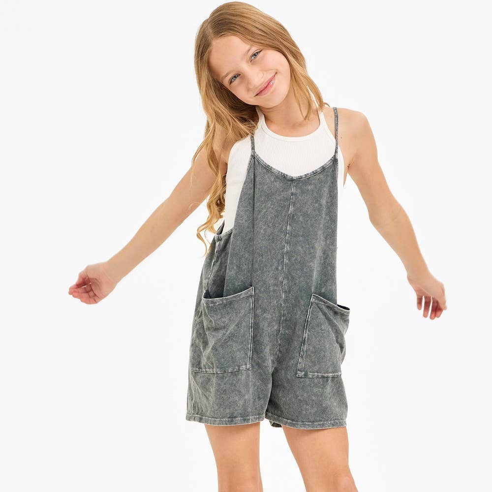 Two Pocket Mineral Wash Overall Romper / Onesie: Denim Blue / XL