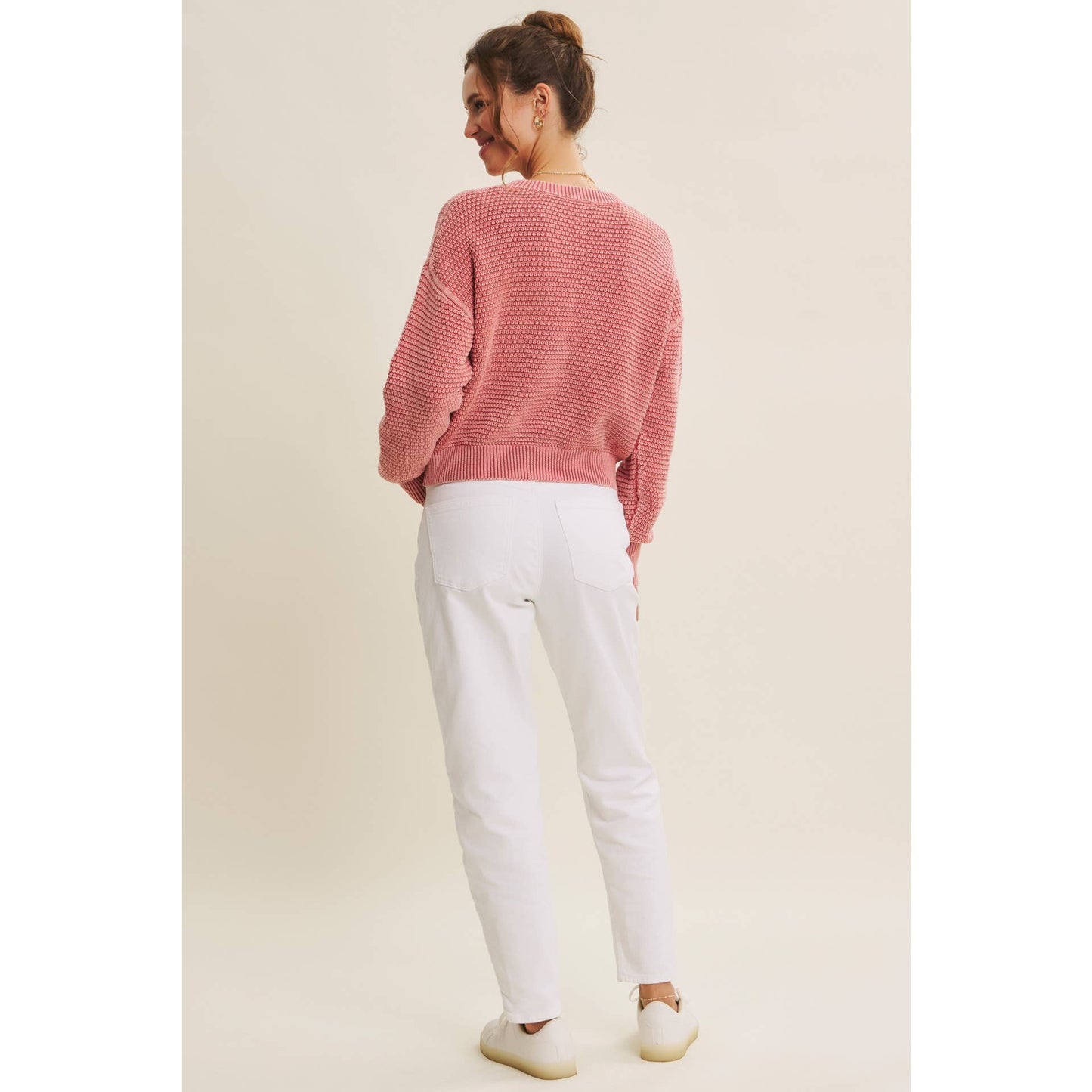 PERFECT FOR ANY SEASON MINERAL-WASHED CABLE KNIT CARDIGAN: PALE MAUVE / S
