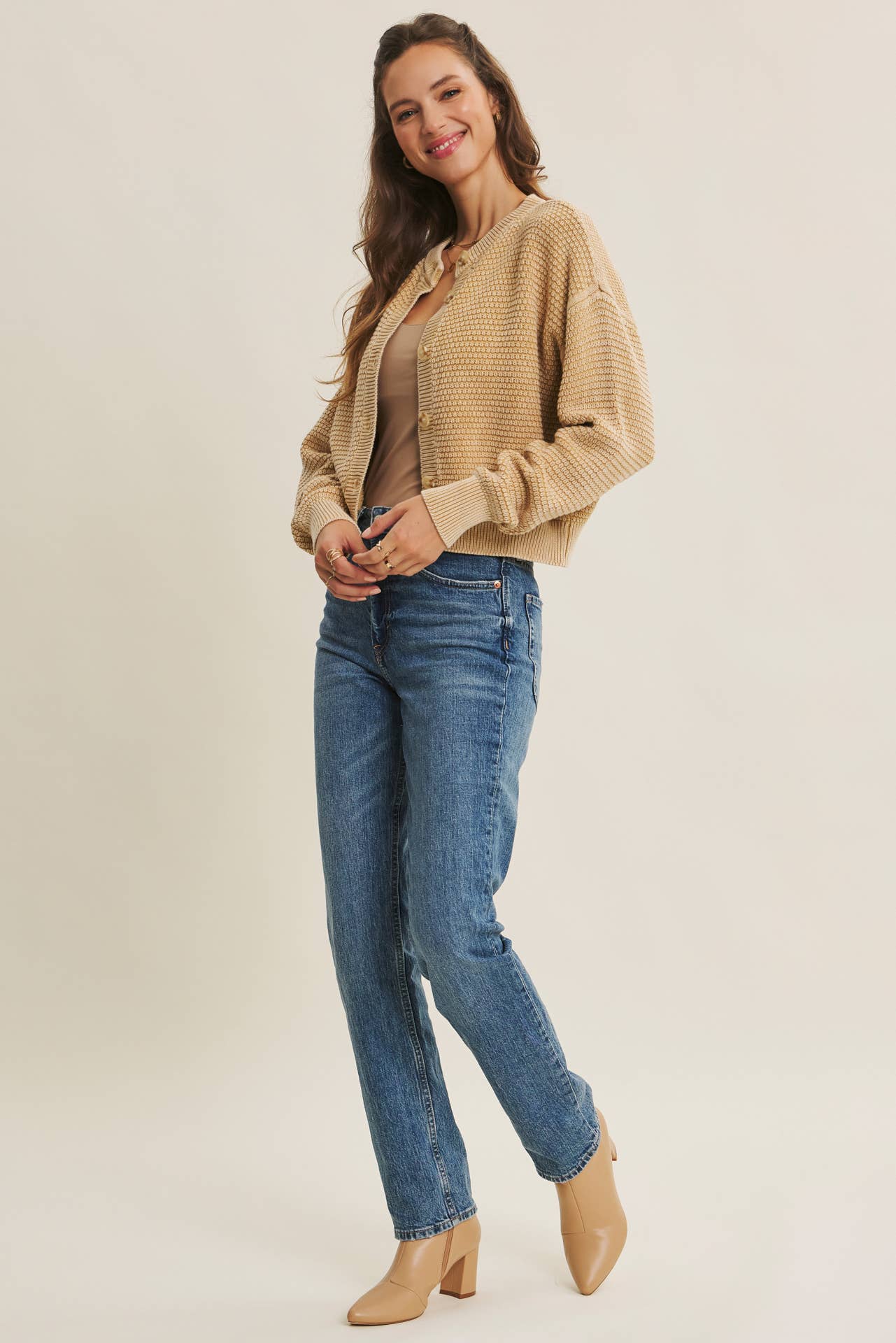 PERFECT FOR ANY SEASON MINERAL-WASHED CABLE KNIT CARDIGAN: PALE MAUVE / S