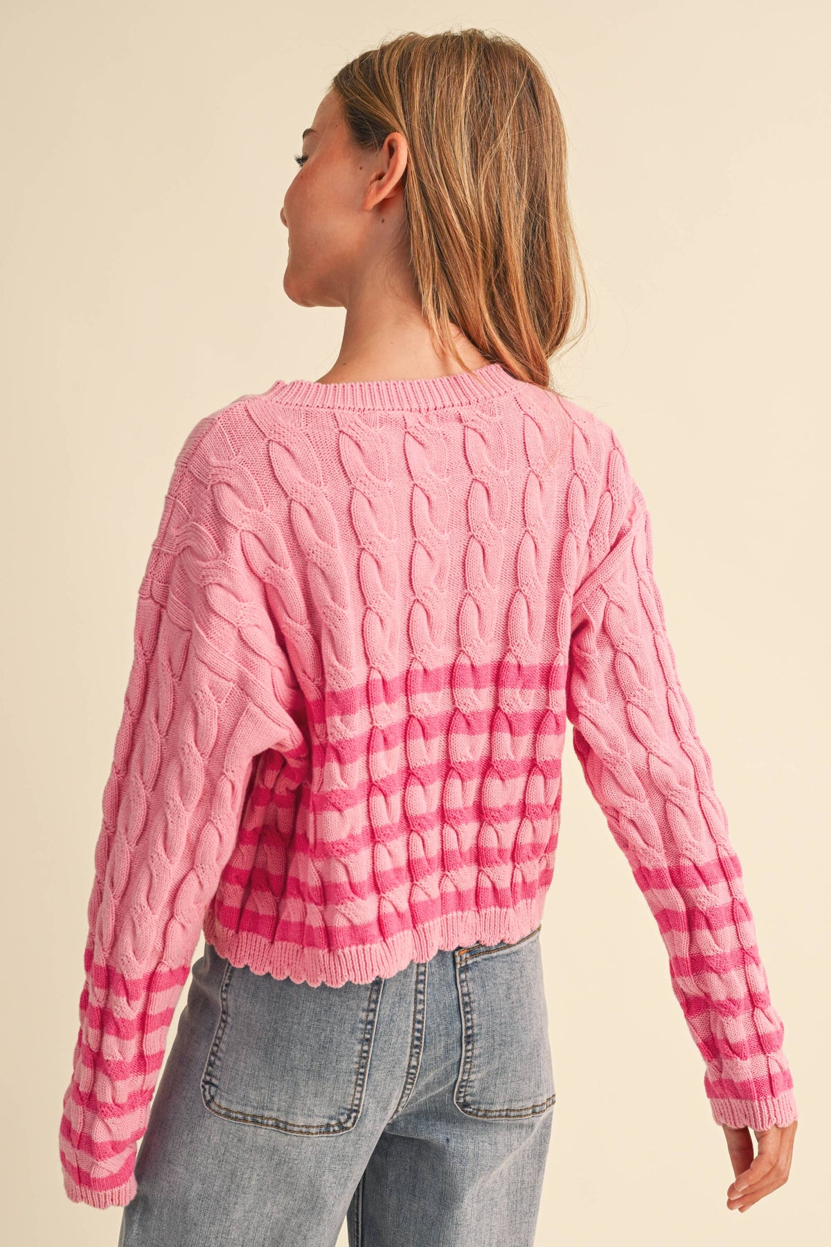 TWEEN GIRLS KIDS CABLE KNIT BOXY CROPPED PULLOVER (7/14): Pink / 9/10