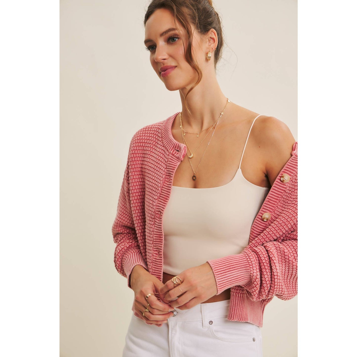 PERFECT FOR ANY SEASON MINERAL-WASHED CABLE KNIT CARDIGAN: PALE MAUVE / S