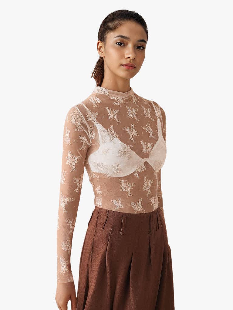 FLORAL LACE TOP - BEIGE