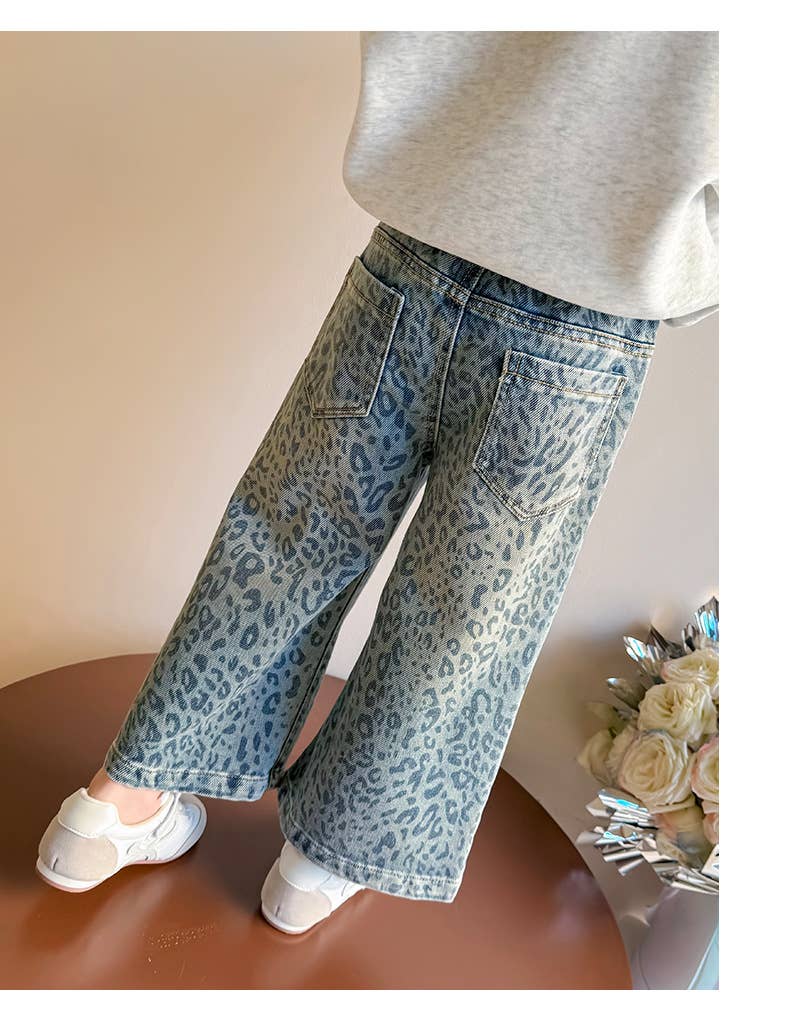 BLUE LEOPARD PRINT WIDE LEG JEANS