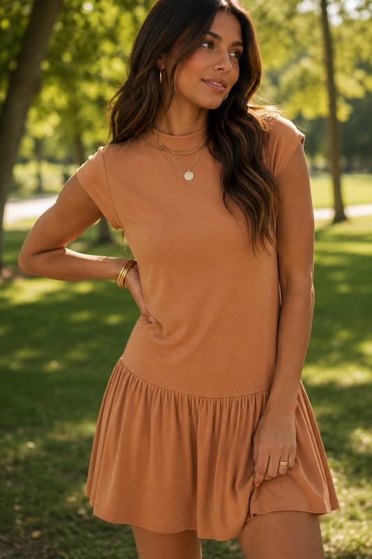 HARLOWE MOCK FLARE MINI DRESS - CAMEL