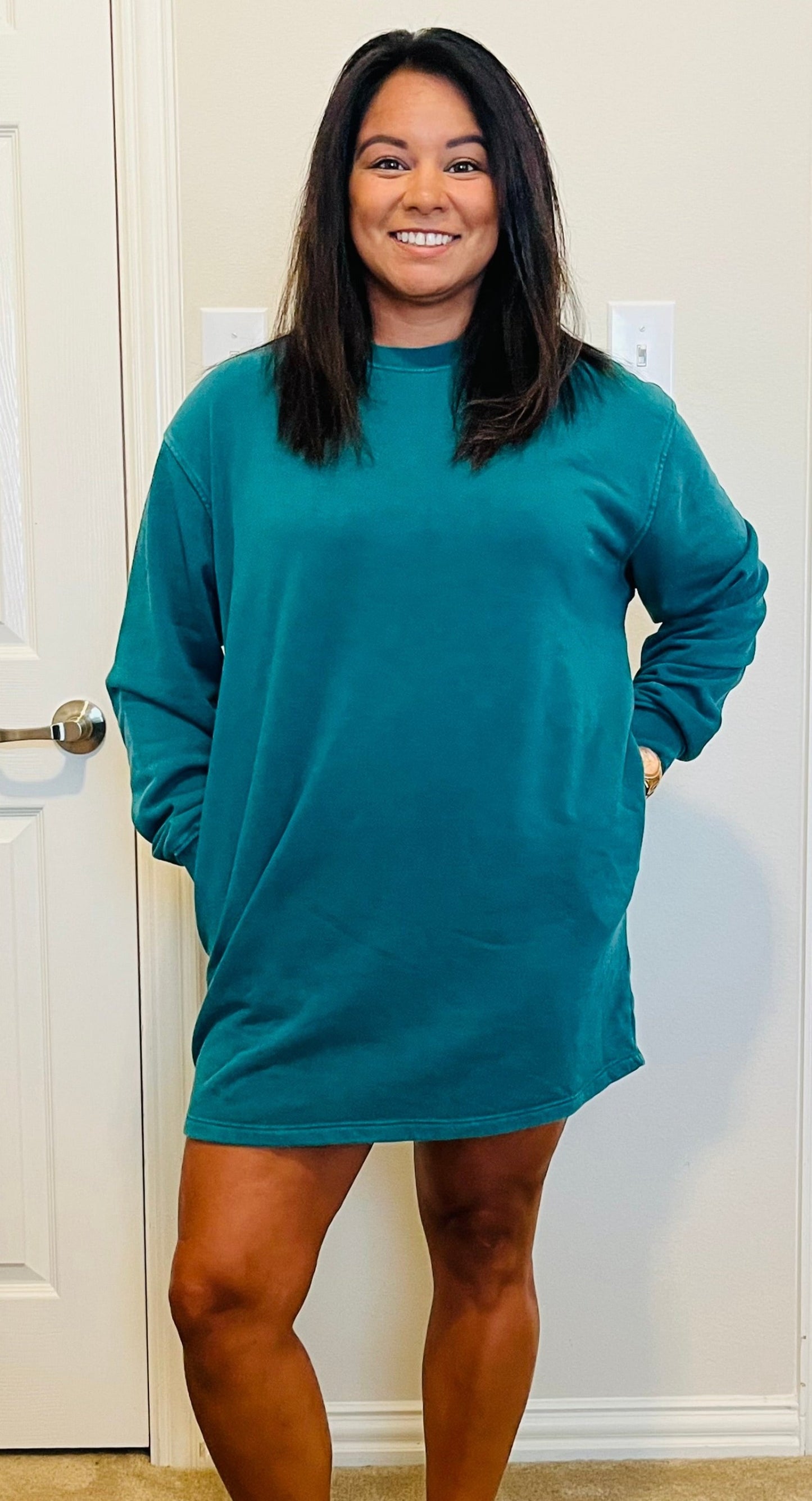 MUST BE LOVE MINI SWEATSHIRT DRESS - PINE GREEN