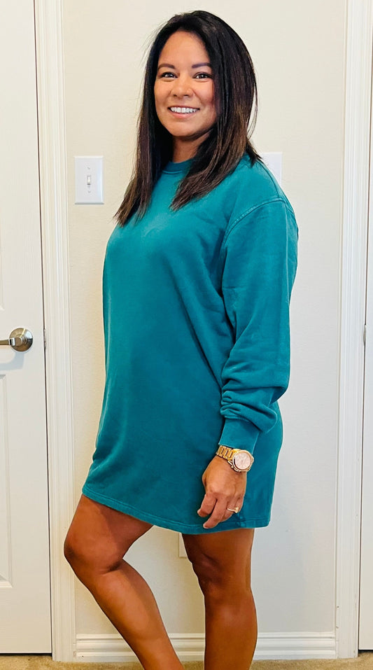 MUST BE LOVE MINI SWEATSHIRT DRESS - PINE GREEN