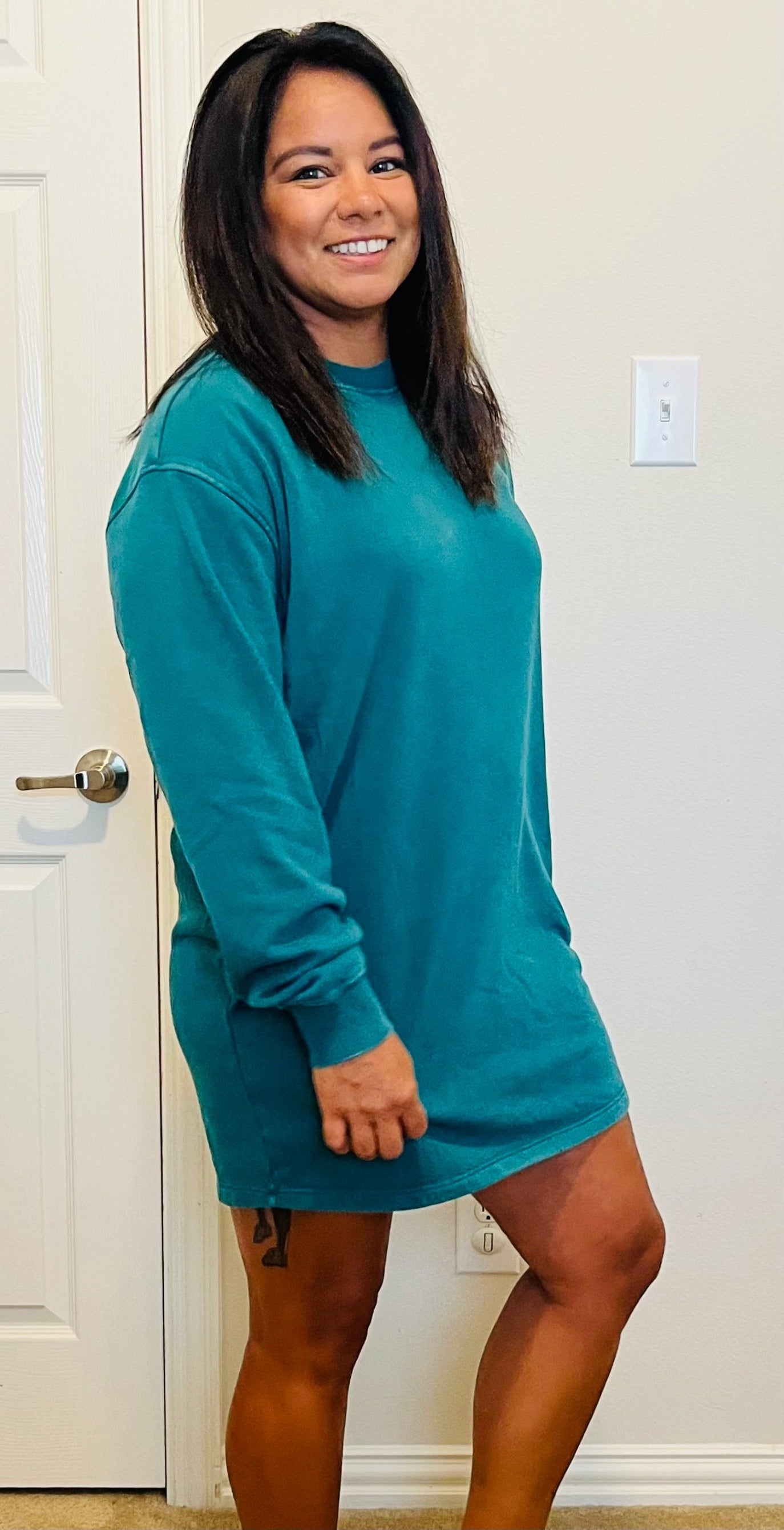 MUST BE LOVE MINI SWEATSHIRT DRESS - PINE GREEN