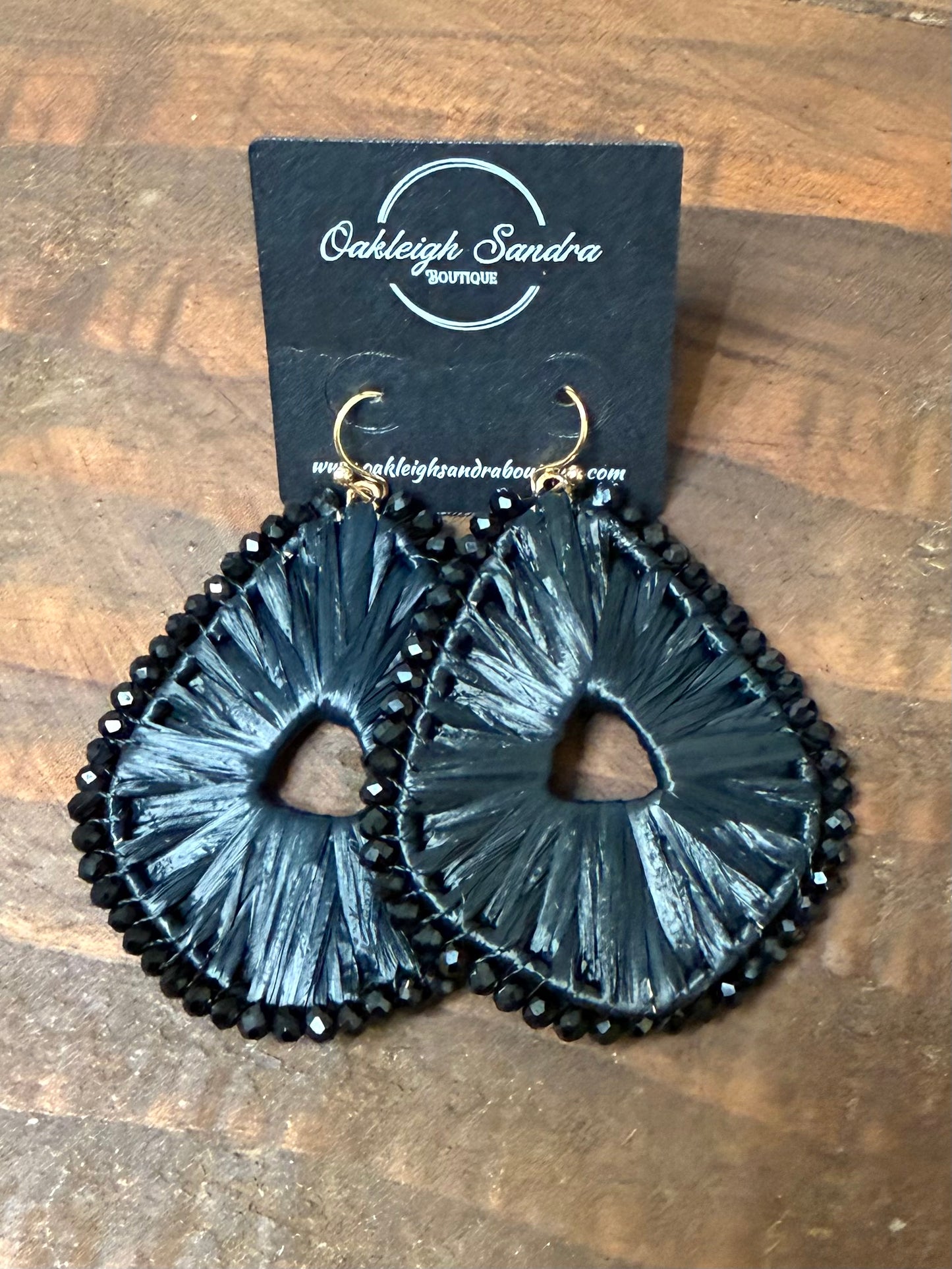 BLACK BEADED AND WOVEN TEARDROP EARRINGS