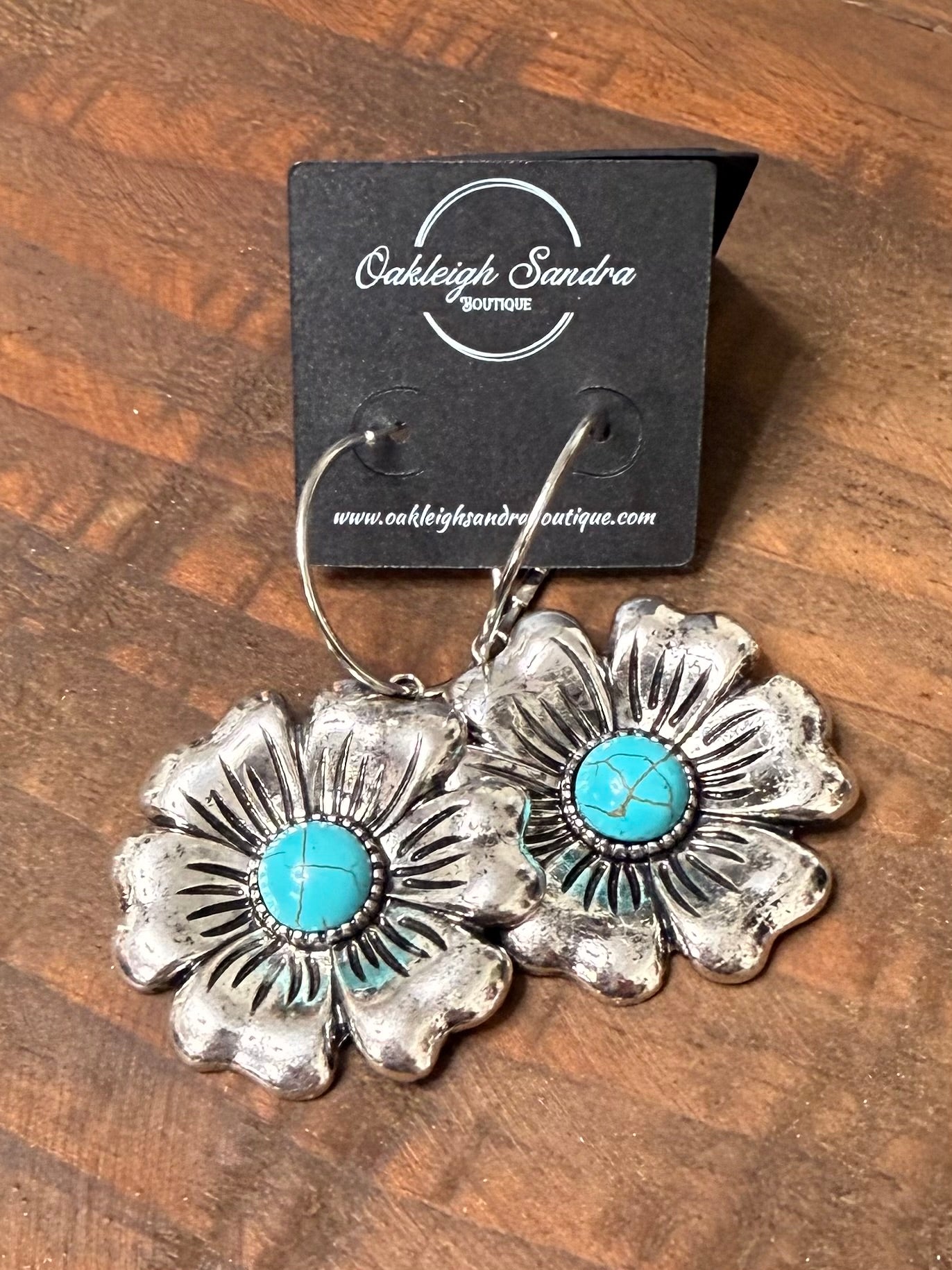 SILVER SUNFLOWER WITH TURQUOISE CENTER EARRINGS