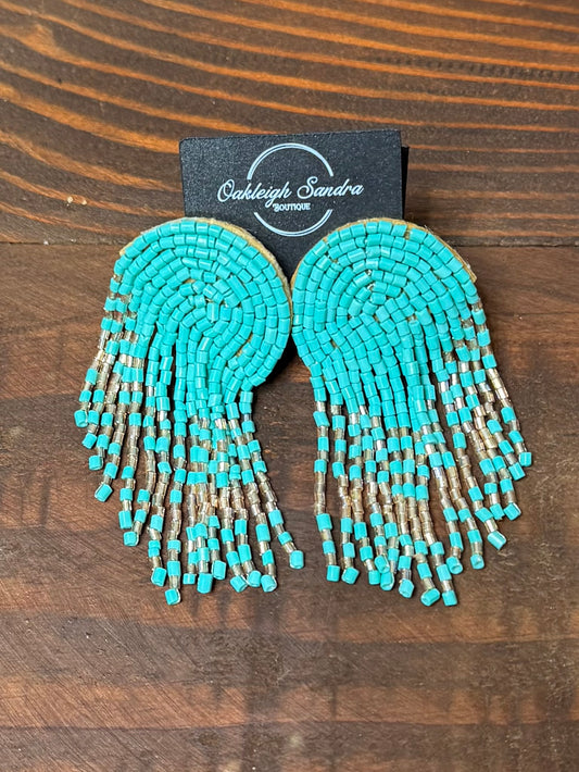 BEADED FRINGE EARRINGS - TORQUOISE