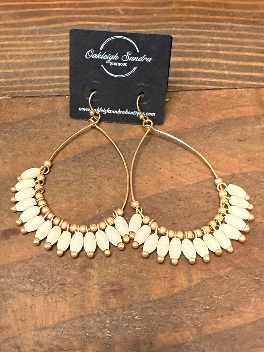 CREAM AND GOLD BEADED TEARDROP HOOPS