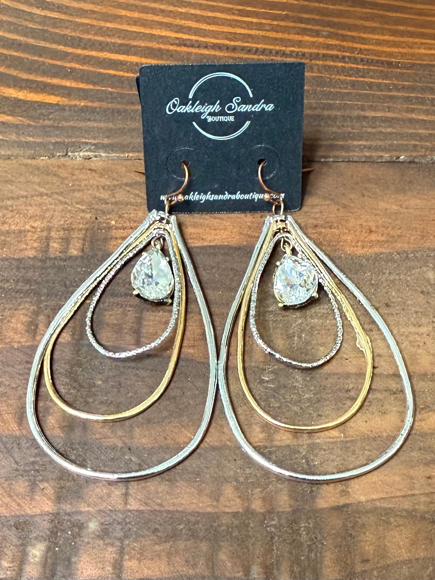 GOLD AND SILVER TEARDROP HOOPS WITH RHINESTONE