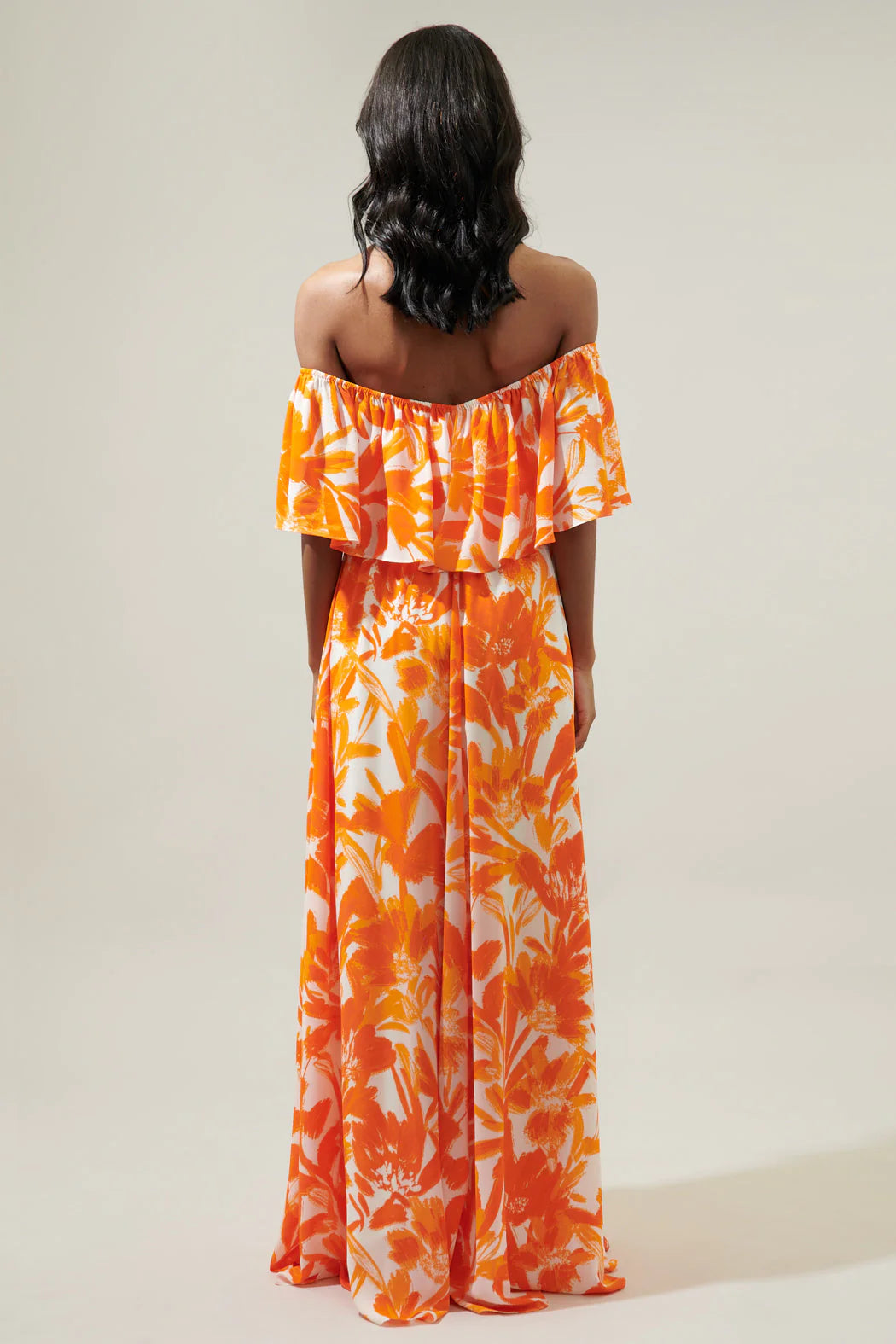 TROPICAL DREAMSICLE ENAMORED OFF THE SHOULDER RUFFLE DRESS