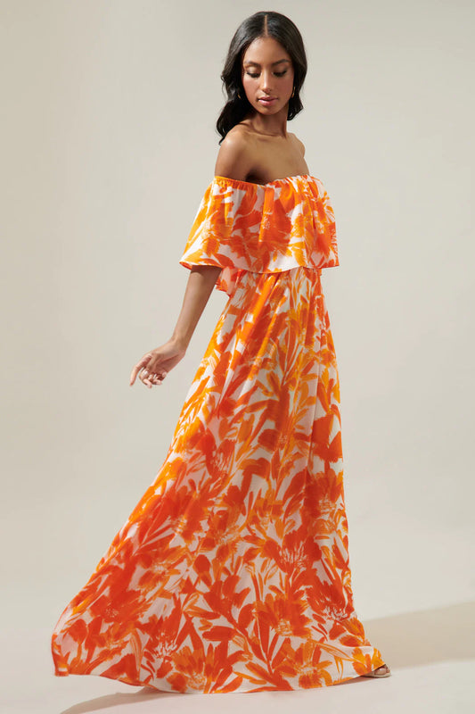 TROPICAL DREAMSICLE ENAMORED OFF THE SHOULDER RUFFLE DRESS