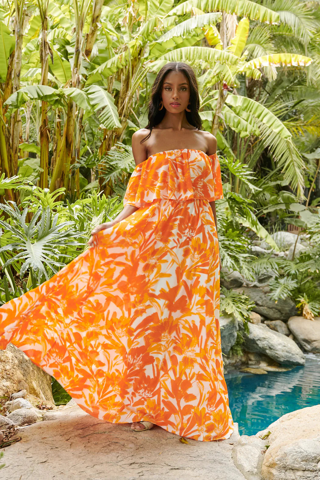 TROPICAL DREAMSICLE ENAMORED OFF THE SHOULDER RUFFLE DRESS