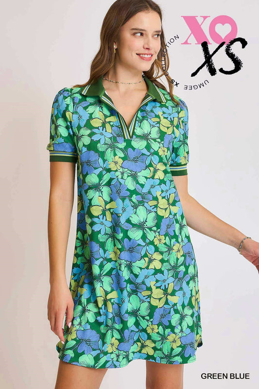 SPORTY FLORALS DRESS - GREEN/BLUE
