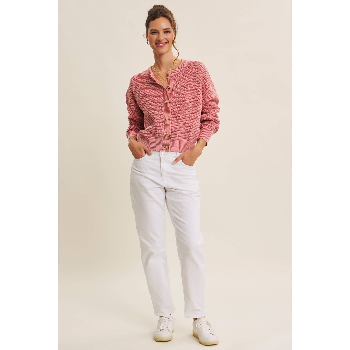 PERFECT FOR ANY SEASON MINERAL-WASHED CABLE KNIT CARDIGAN: PALE MAUVE / S