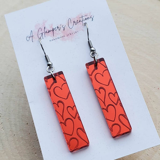 RED MIRROR HEART BARS EARRINGS